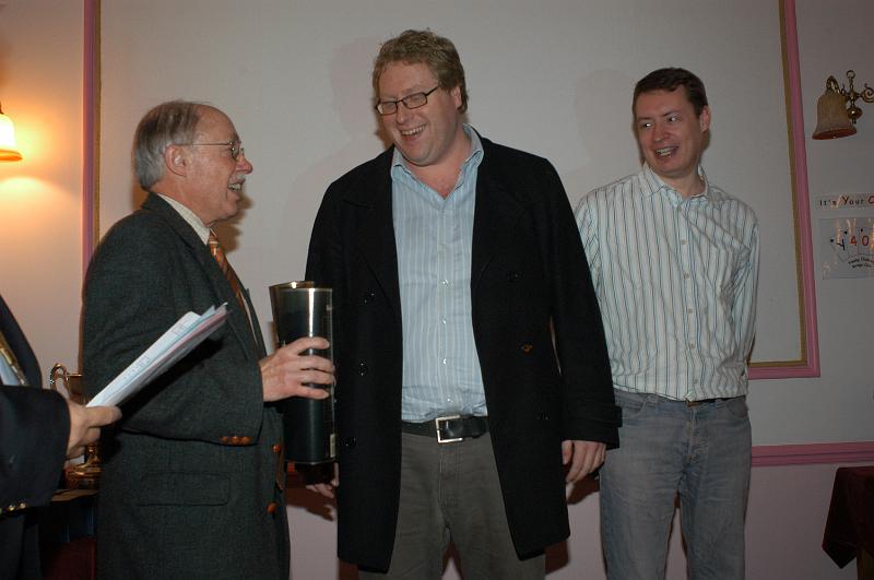 image001.jpg - Mike Gold accepts a prize from Mike Hill, Chairman of the LMBA, for his brilliant underlead and Tom Townsend joins in a joke.