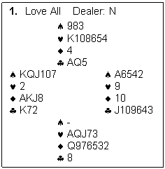 Text Box: 1.	 Love All    Dealer: N

			983
			K108654
			4
			AQ5
	KQJ107			A6542
	2				9
	AKJ8				10
	K72				J109643
			-	
			AQJ73
			Q976532
			8
