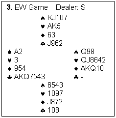Text Box: 3. EW Game    Dealer: S	

			KJ107
			AK5
			63
			J962
	A2				Q98
	3				QJ8642
	954				AKQ10
	AKQ7543			-
			6543
			1097
			J872
			108
