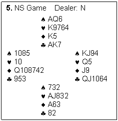 Text Box: 5. NS Game    Dealer: N

			AQ6
			K9764
			K5
			AK7
	1085				KJ94
	10				Q5
	Q108742			J9
	953				QJ1064
			732
			AJ832
			A63
			82

