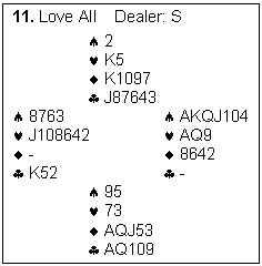 Text Box: 11. Love All    Dealer: S

			2
			K5
			K1097
			J87643
	8763				AKQJ104
	J108642			AQ9
	-				8642
	K52				-
			95
			73
			AQJ53
			AQ109
