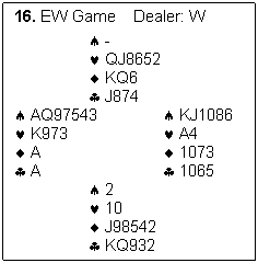 Text Box: 16. EW Game    Dealer: W

		�	-
		�	QJ8652
		�	KQ6
		�	J874
�	AQ97543		�	KJ1086
�	K973			�	A4
�	A			�	1073
�	A			�	1065
		�	2
		�	10
		�	J98542
		�	KQ932
