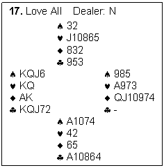 Text Box: 17. Love All    Dealer: N

			32
			J10865
			832
			953
	KQJ6				985
	KQ				A973
	AK				QJ10974
	KQJ72				-
			A1074
			42
			65
			A10864
