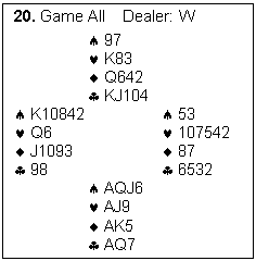 Text Box: 20. Game All    Dealer: W

			97
			K83
			Q642
			KJ104
	K10842				53
	Q6				107542
	J1093				87
	98				6532
			AQJ6
			AJ9
			AK5
			AQ7

